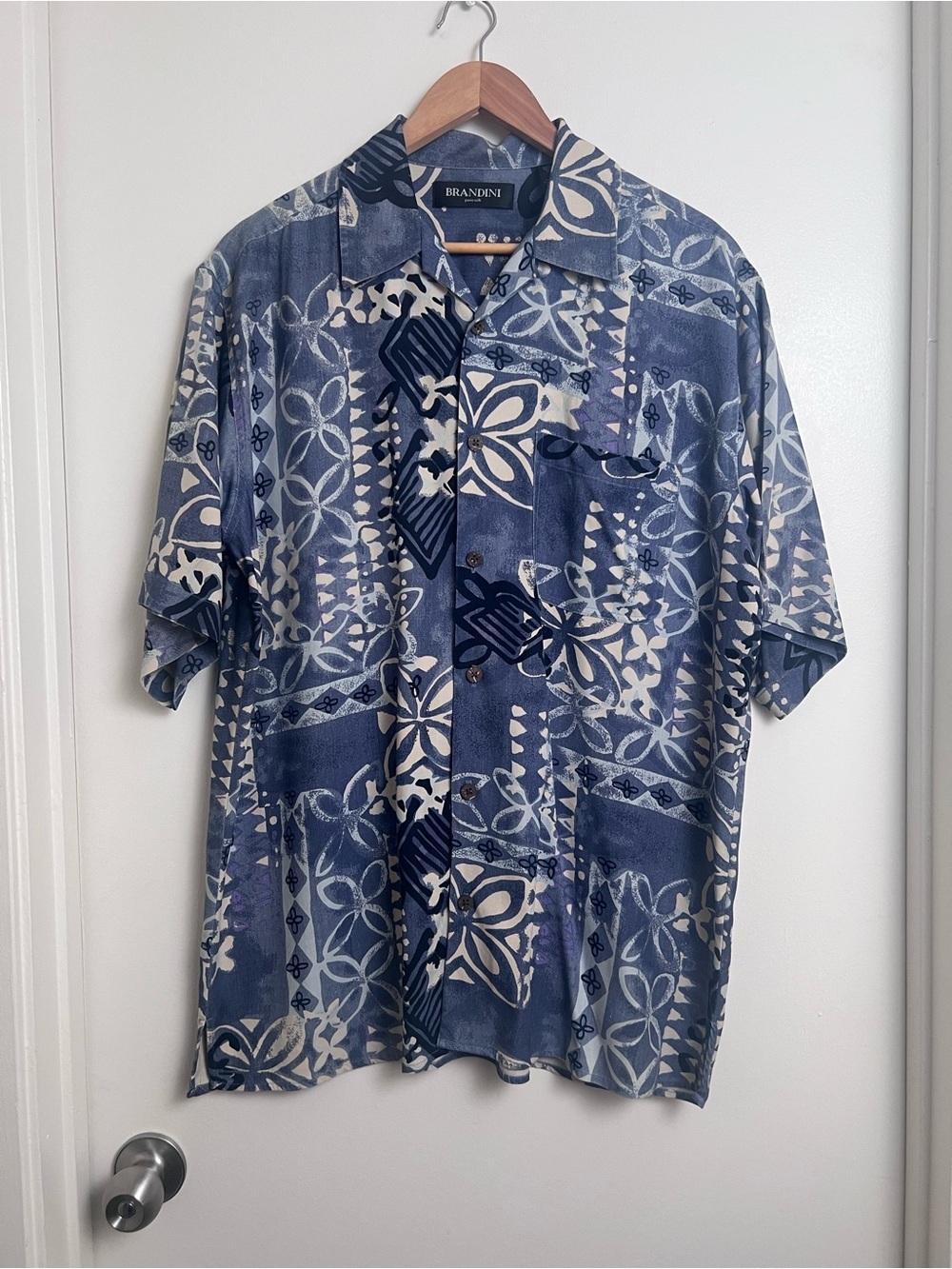 Brandini 100% Silk Hawaiian Camp Shirt Blue Abstract Tapa Print Men's Large